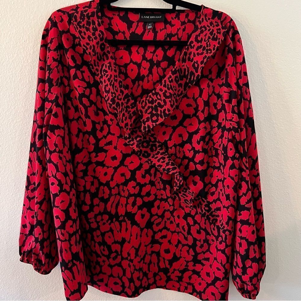 Lane Bryant Top Plus Size Red & Black Animal Print Ruffle V-Neck Size 18